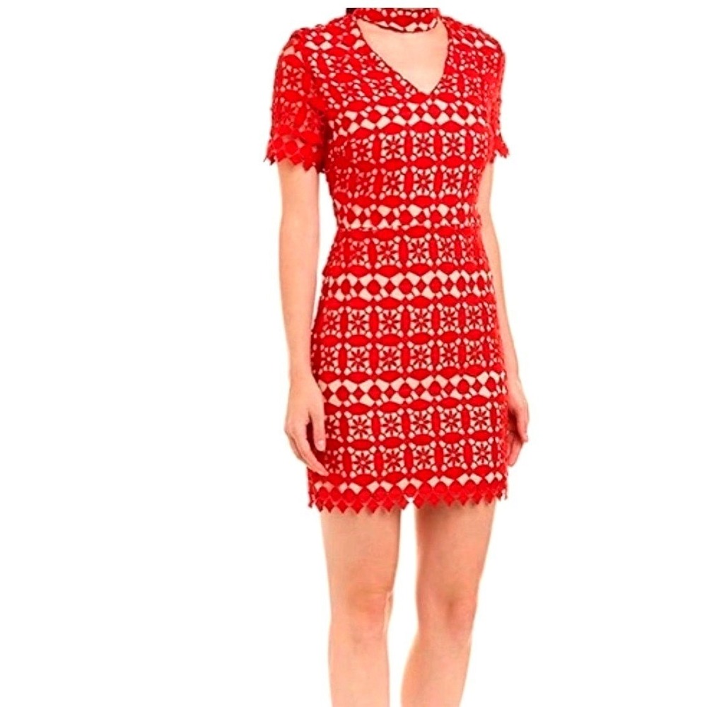 JOA Women's Choker Neck Lace Dress red lace overlay‎ nude lining v-neck L NWT